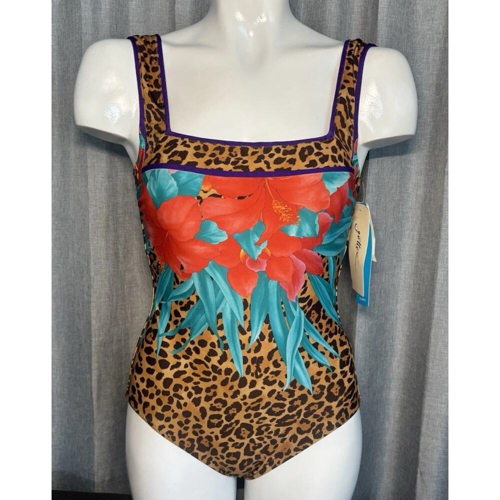 GOTTEX Leopard Print With Water Lily Floral 1 Piece Swimsuit NWT $178
